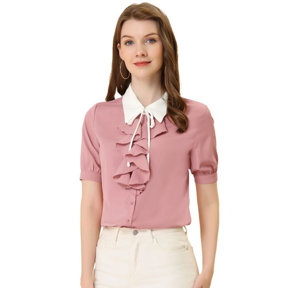 Contrast Collar Tie Ruffle Front Button Short Sleeve Shirt Light Pink